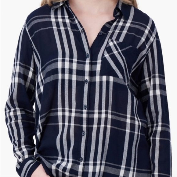 Lucky Brand Navy Blue White Plaid Button Down Gauze Longsleeve Shirt LIKE NEW M - Picture 3 of 8